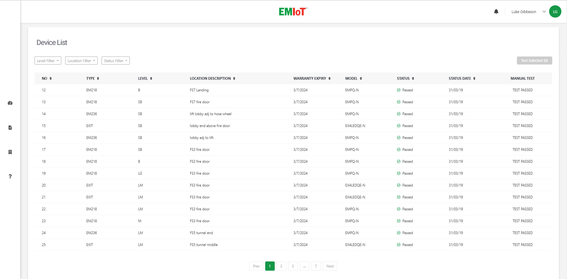 EMIoT Dashboard Device List Screenshot